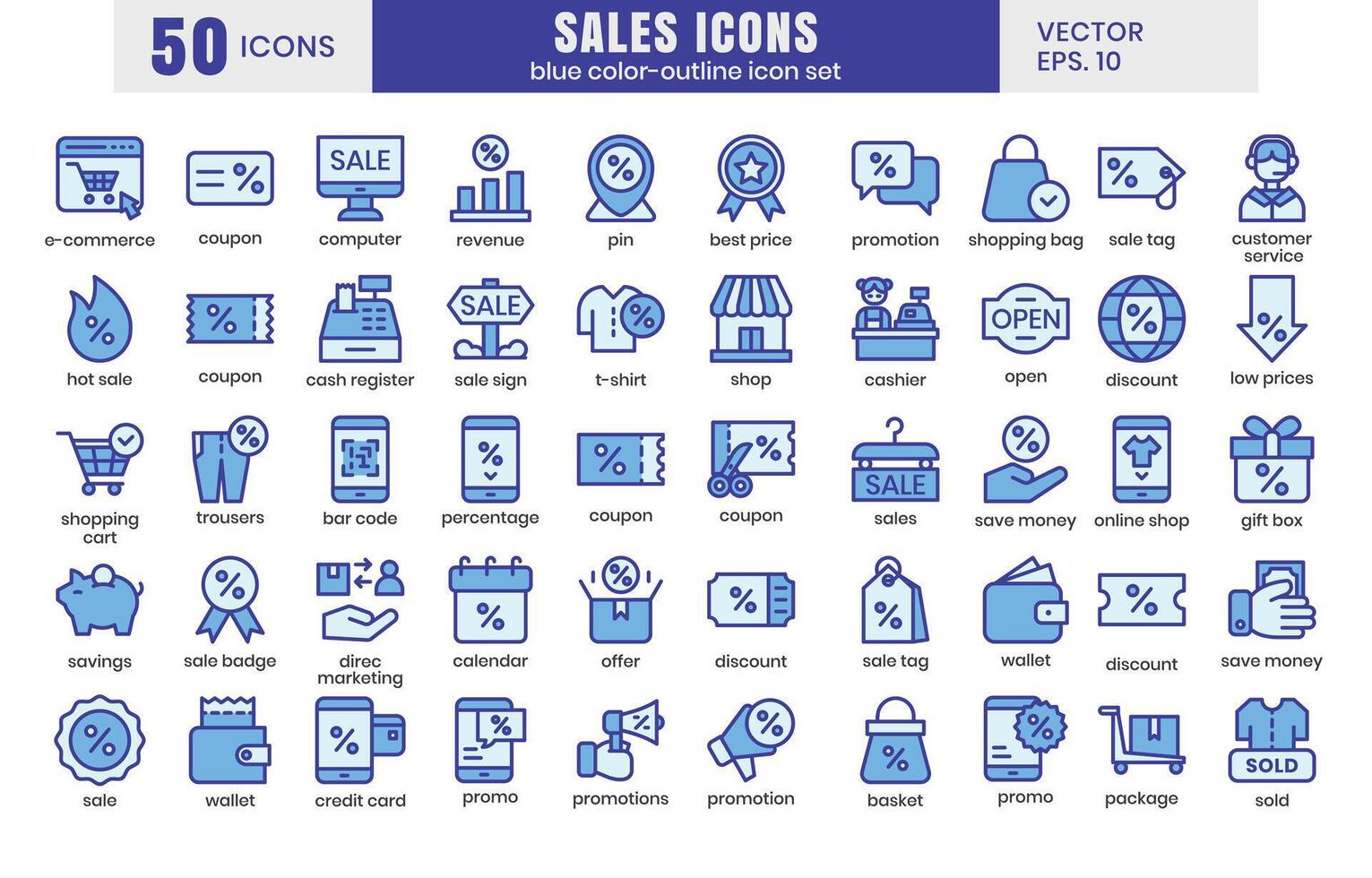 Sales icons set.E-commerce online shopping blue-color outline icons vector