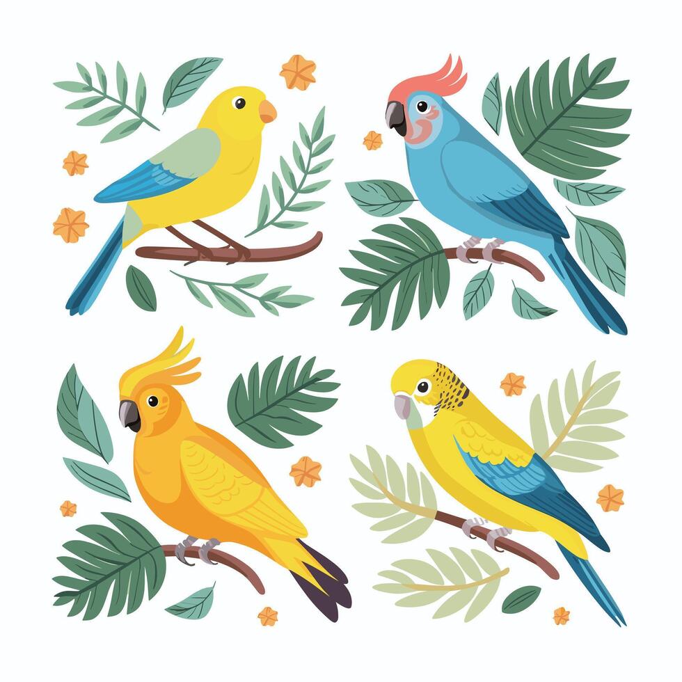 Cockatoo parrot sitting on brunch. Colorful exotic bird with orange crest in cartoon style illustration on white background. vector