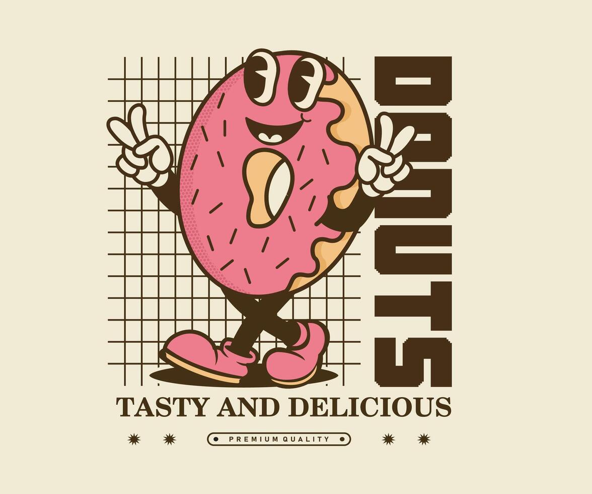 Retro cartoon donut character illustration design for t shirt design,poster,sticker and etc vector