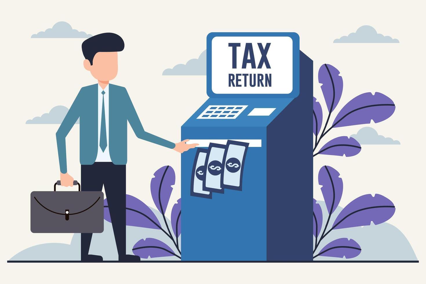 Tax Return Illustration, Business Professional Using Automated Machine for Refund vector