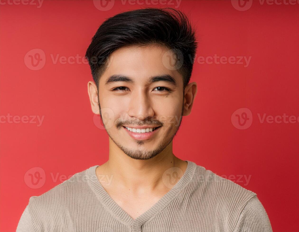 A men with 25 years old looking at the camera with excited facial expression in front of the red background photo