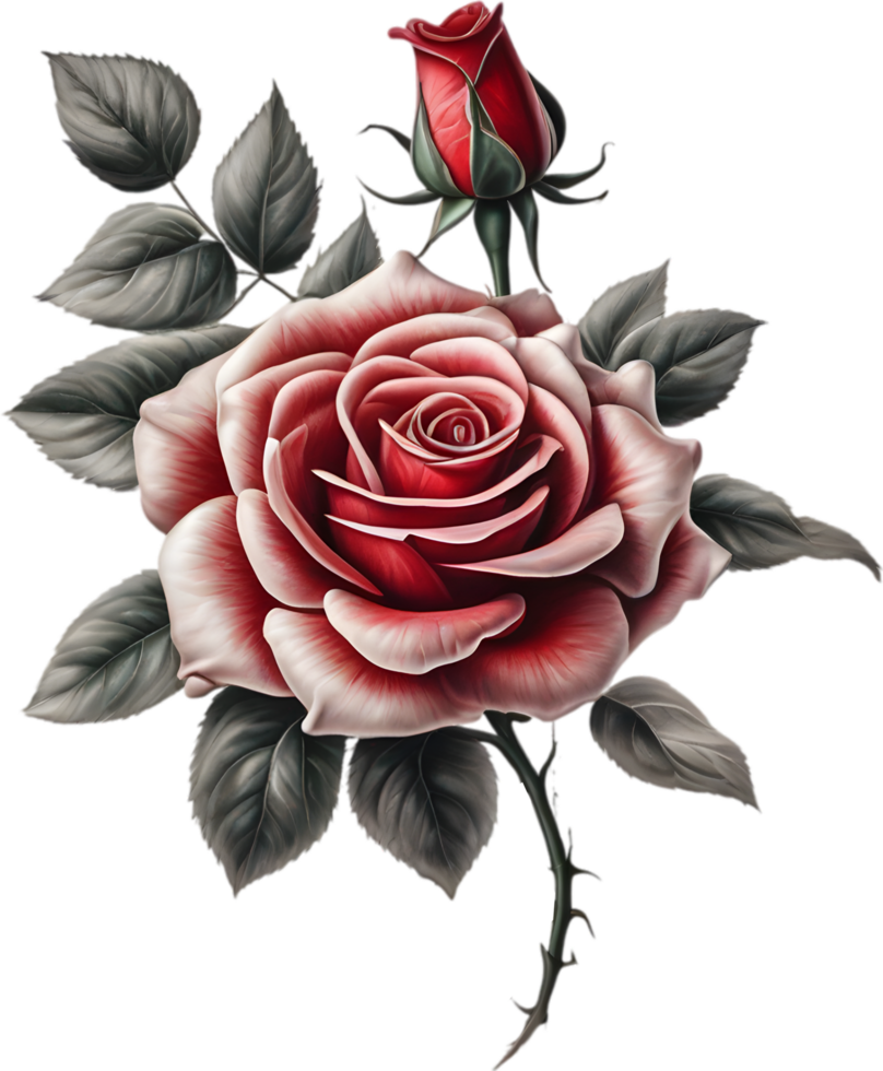 Red rose painting in full bloom, red rose tattoo, Rose illustration for decoration. AI-generated. png