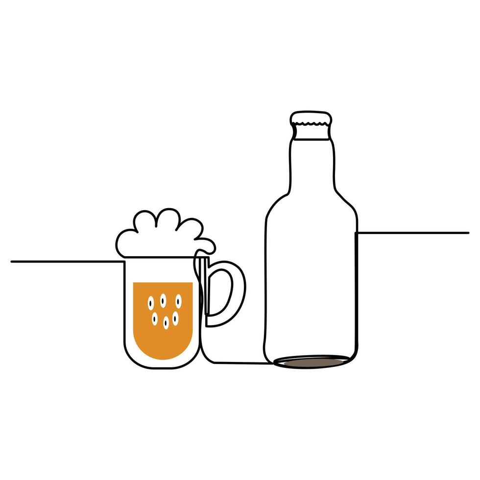 Illustration of a bottle,red wine glass,a bottle of beer and a glass, drawing one continuous line of beer glass, Watercolor Beer Bottle Drawing vector