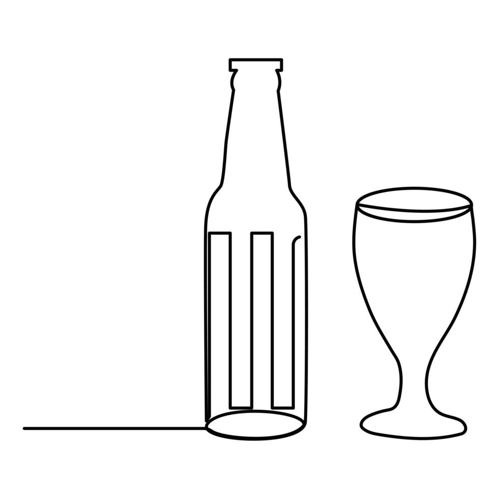 Illustration of a bottle,red wine glass,a bottle of beer and a glass, drawing one continuous line of beer glass, Watercolor Beer Bottle Drawing vector