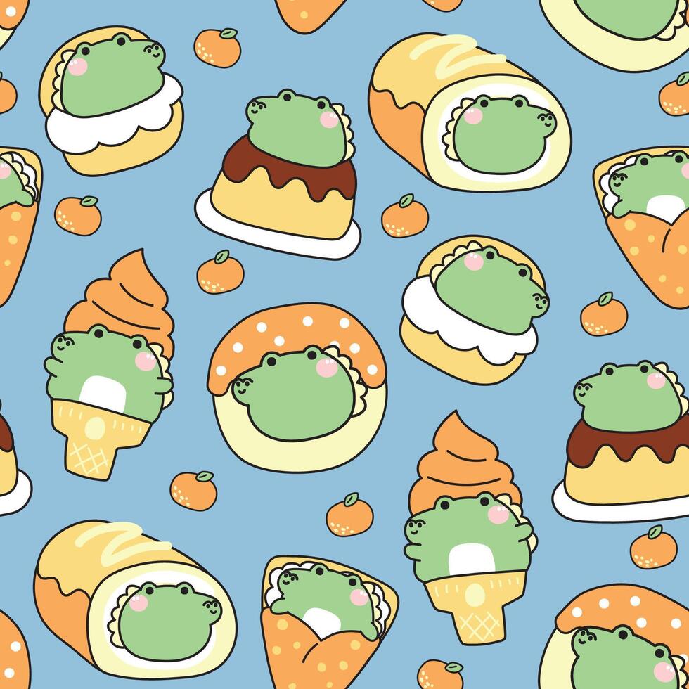 Seamless pattern of cute fat crocodile in dessert and sweet bakery concept with orange background.Ice cream,crepe,roll cake,donut,pudding.Reptile animal character cartoon.Kawaii.Illustration. vector