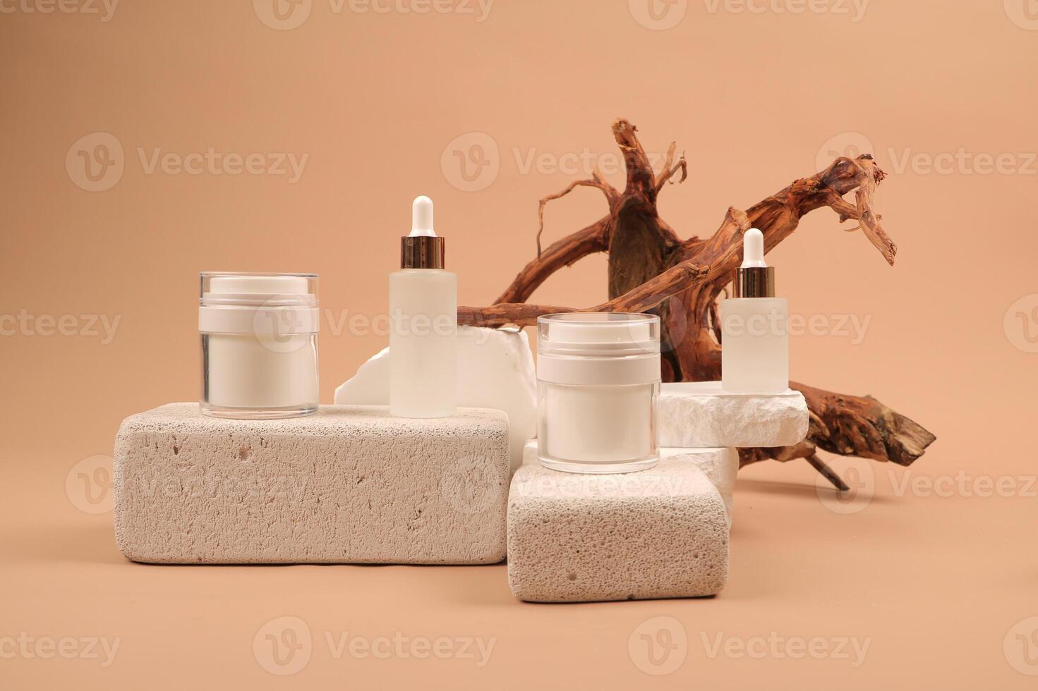 Luxury Skincare Products Displayed on Textured Stone and Driftwood photo