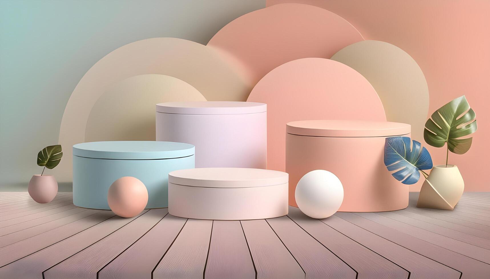 3d background product display podium scene.Set of beige blue pink and white realistic 3d cylinder pedestal podium in pastel colorful abstract rooms photo