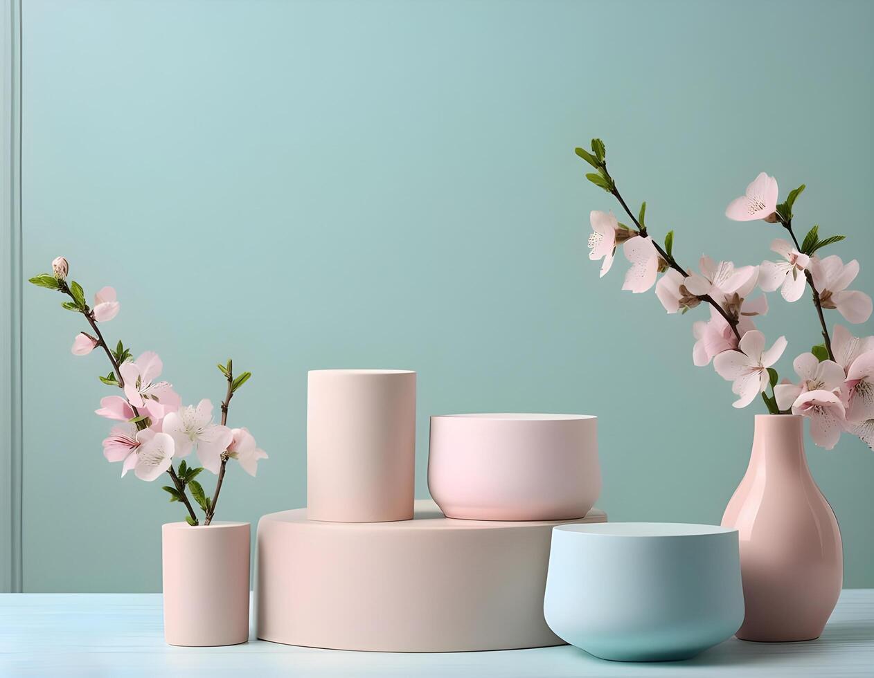3d background product display podium scene.Set of beige blue pink and white realistic 3d cylinder pedestal podium in pastel colorful abstract rooms photo