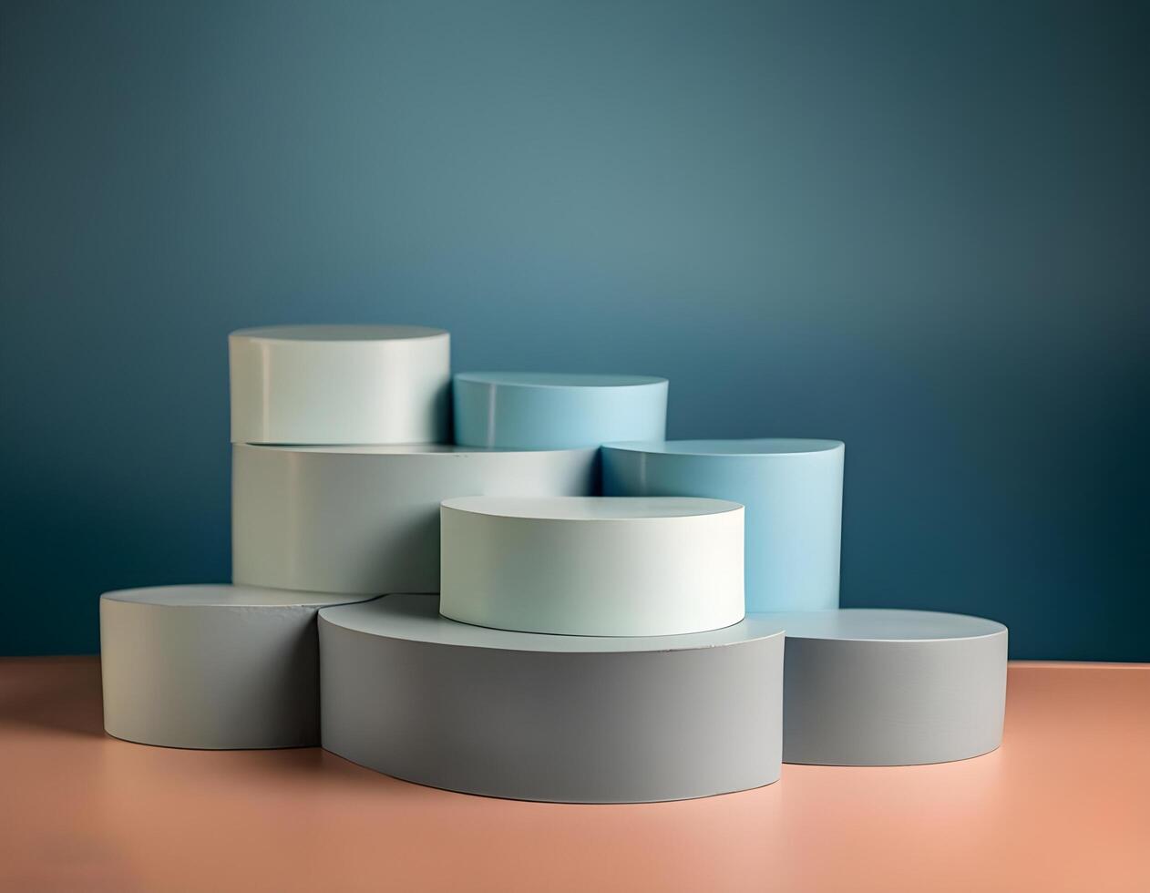 3d background product display podium scene.Set of beige blue pink and white realistic 3d cylinder pedestal podium in pastel colorful abstract rooms photo