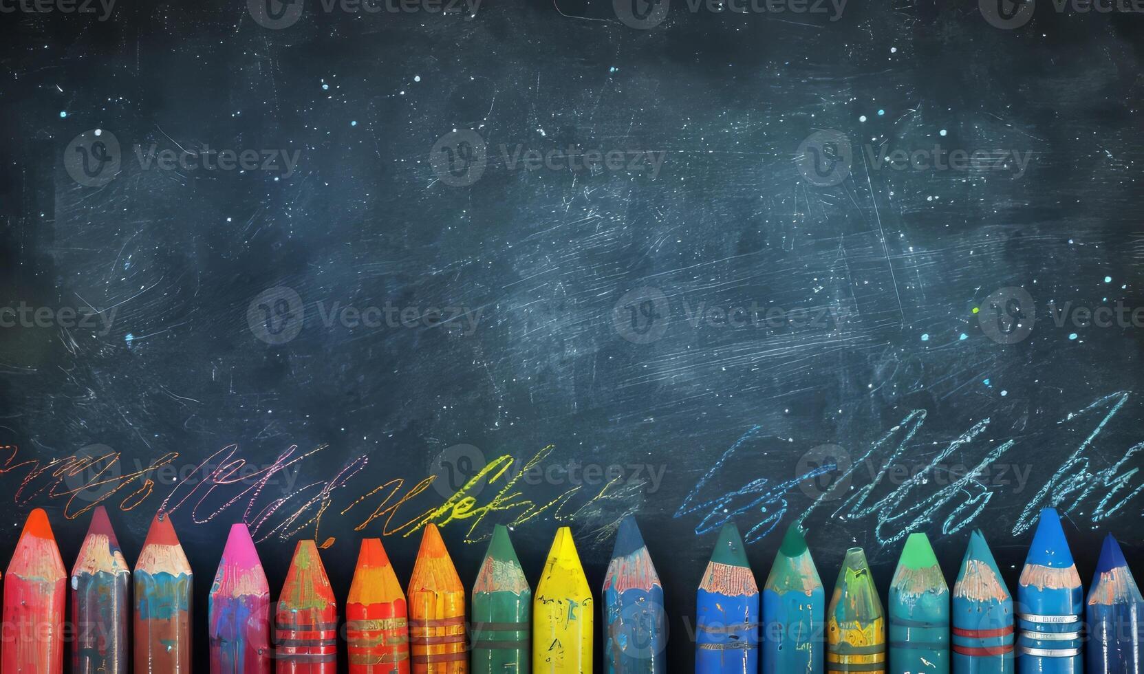 Colorful Crayons on Blackboard Background with Artistic Chalk Marks and Patterns photo