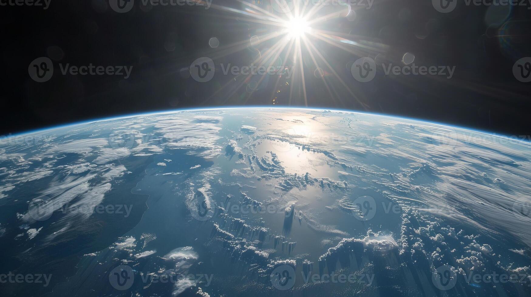 Stunning View of Earth from Space with Shining Stars and Blue Atmosphere photo