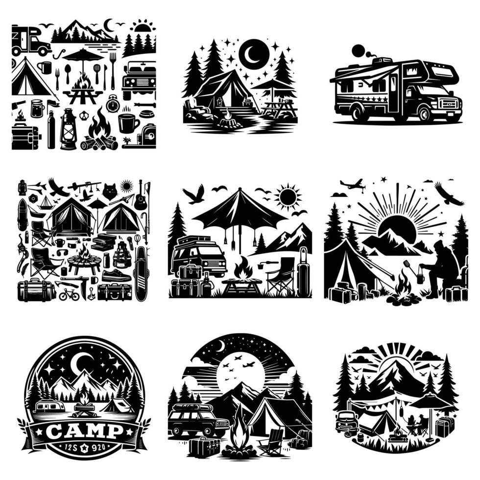 camp illustration of a camper's paradise, with trees, mountains, and a camp car black vector