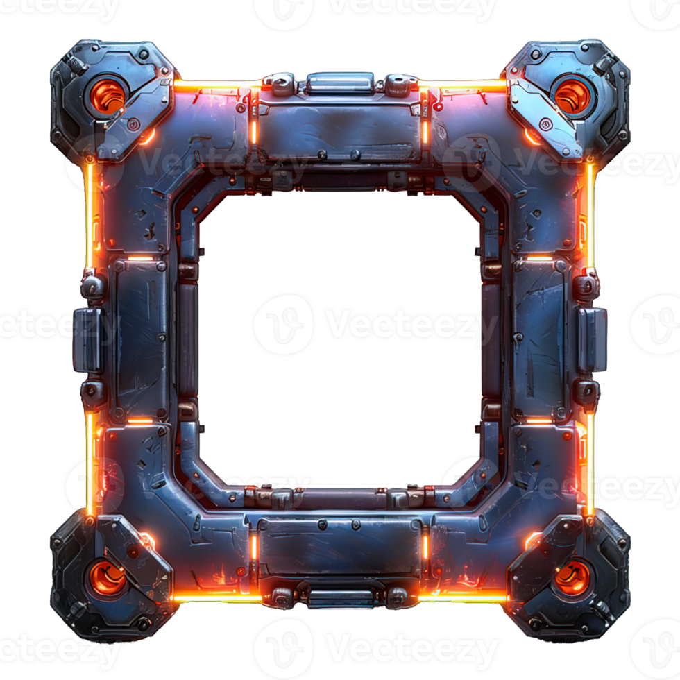 futuristic metal neon border ,neon cyber frame isolated on transparent background , png