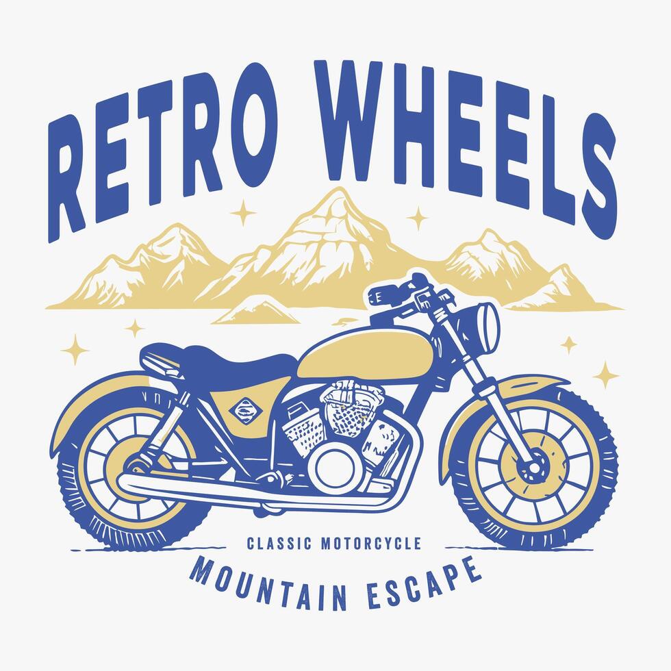 Hand drawn classic motorcycle car illustration design with vintage style and retro wheels text for t shirt design vector