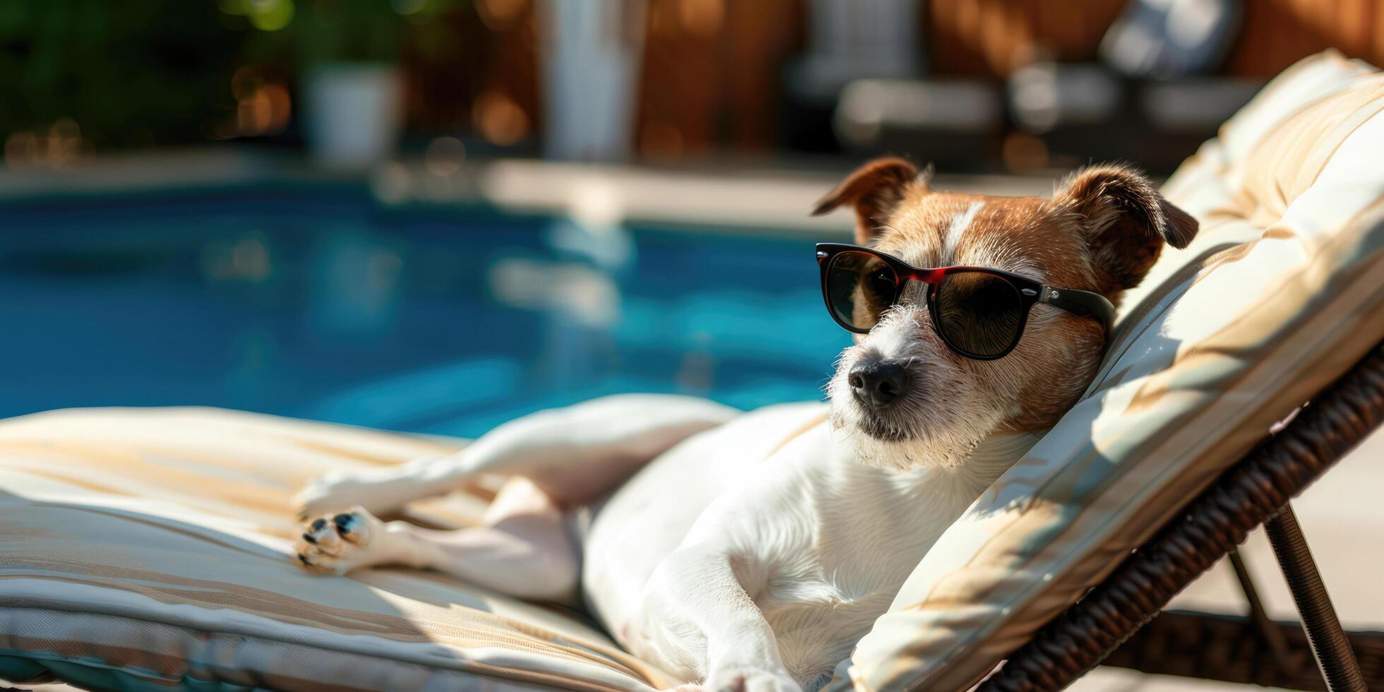 Banner with Jack Russell terrier dog in sunglasses chilling on sun lounger near swimming pool. Summer holidays with pets, vacation, relaxion, resort. photo
