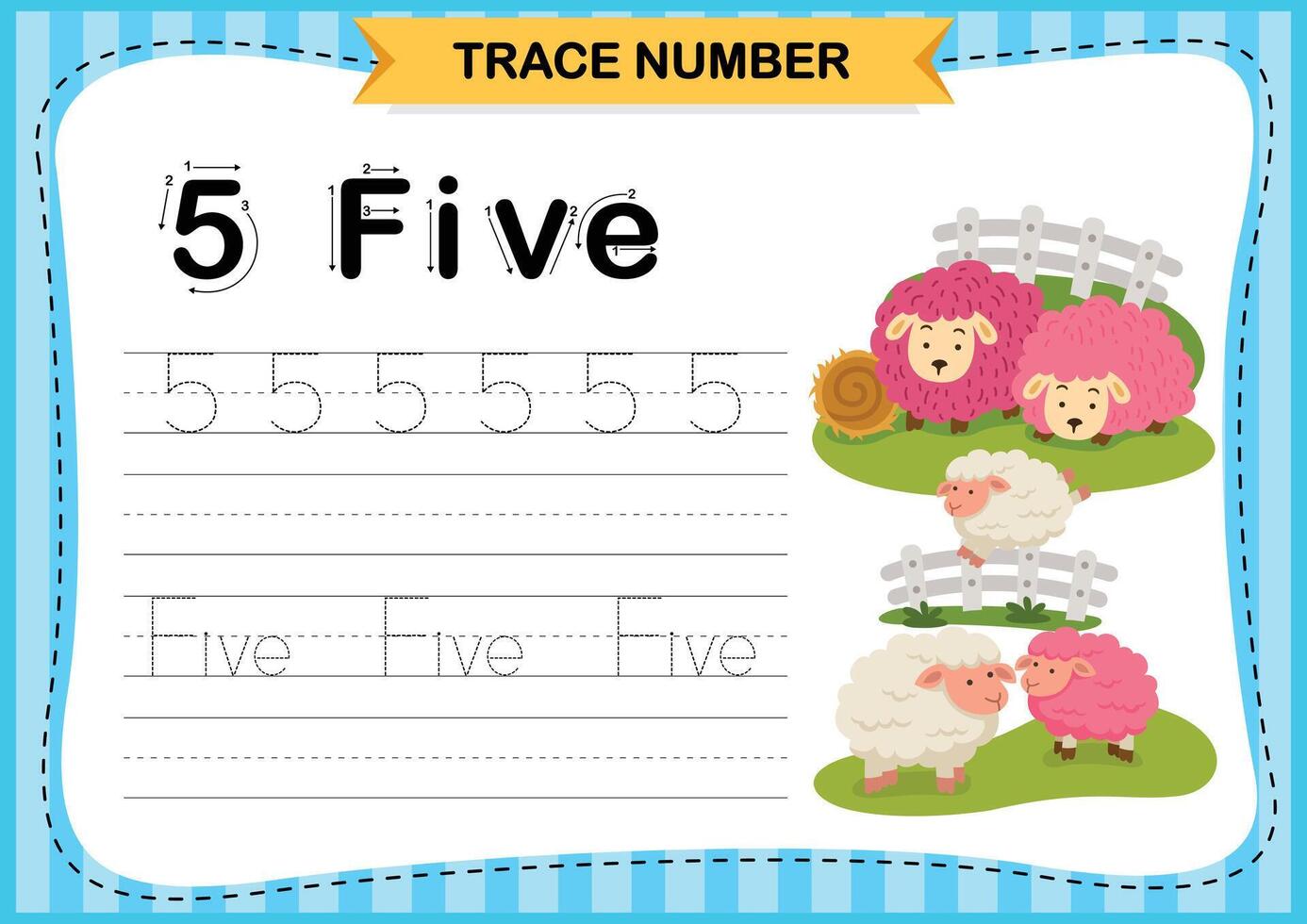 Numbers exercise with cartoon vocabulary.Trace number design for learning handwriting illustration vector