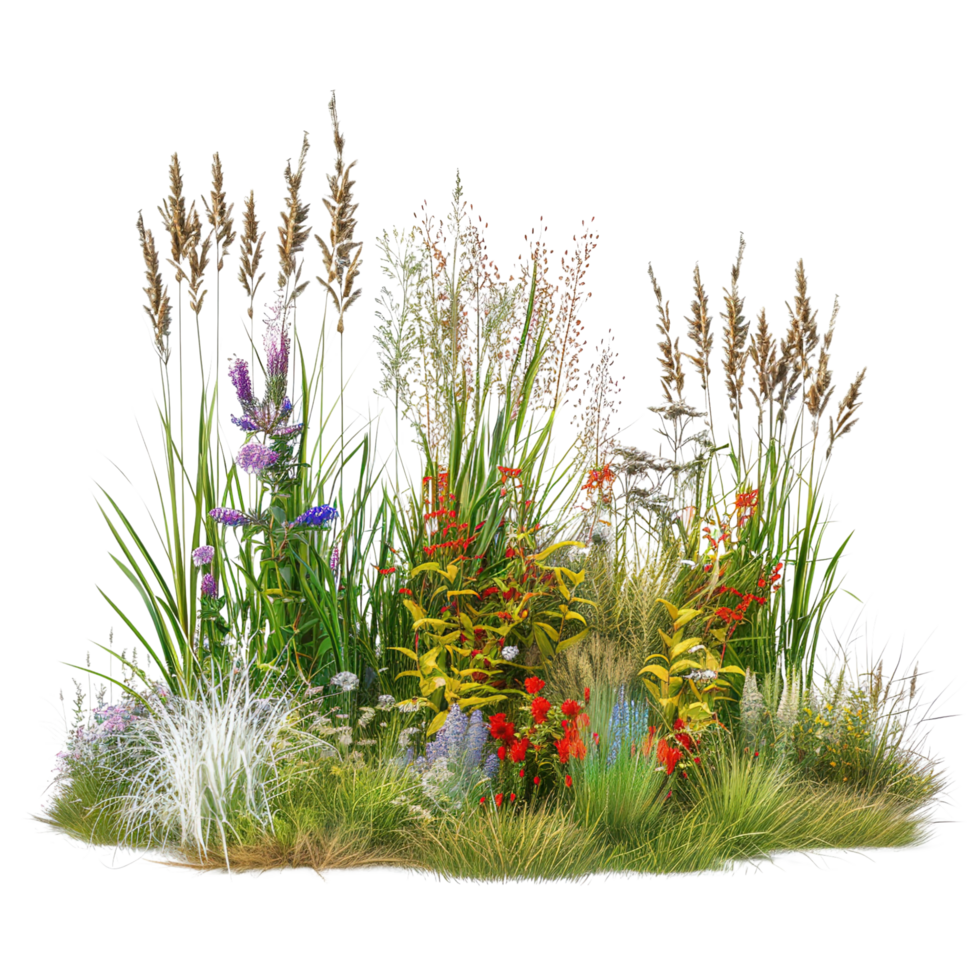 A mixed prairie grass bed in mid-summer, tall and dense with grasses in full bloom, isolated on a transparent background png