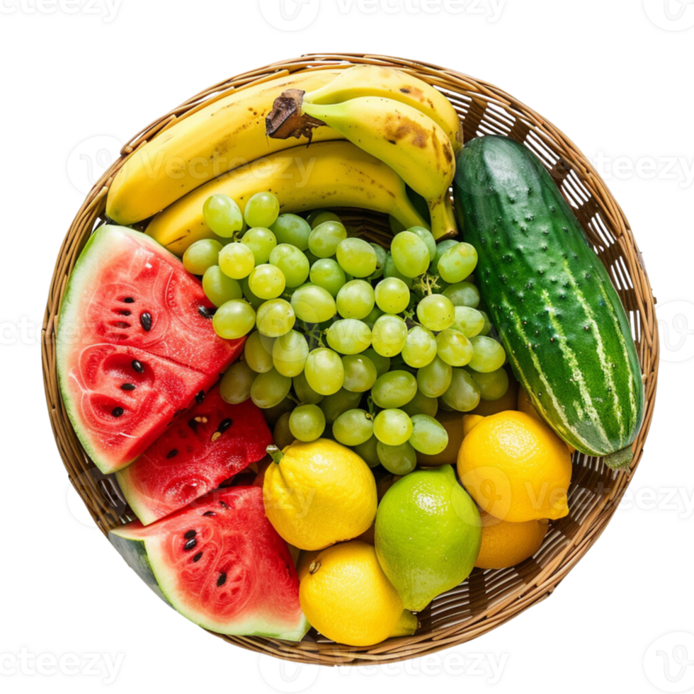 A basket of fruits, banana, green grapes, lichi, lemon, cucumber png