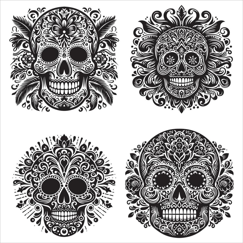 Day Of The Dead Mexican floral Skull silhouette design tattoo Illustration Set In Black And White stock illustration vector