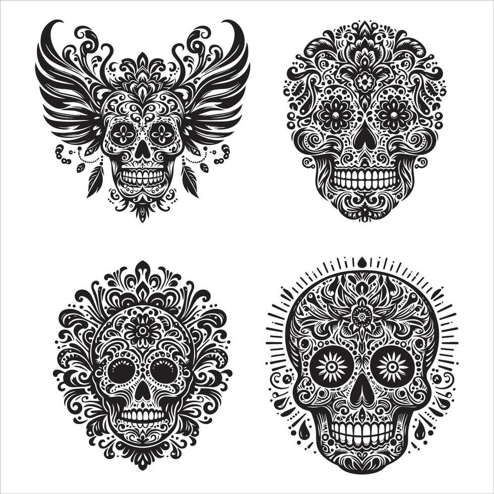 Day Of The Dead Mexican floral Skull silhouette design tattoo Illustration Set In Black And White stock illustration vector