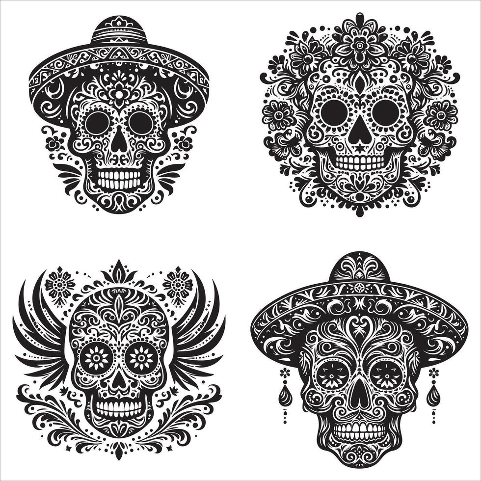 Day Of The Dead Mexican floral Skull silhouette design tattoo Illustration Set In Black And White stock illustration vector