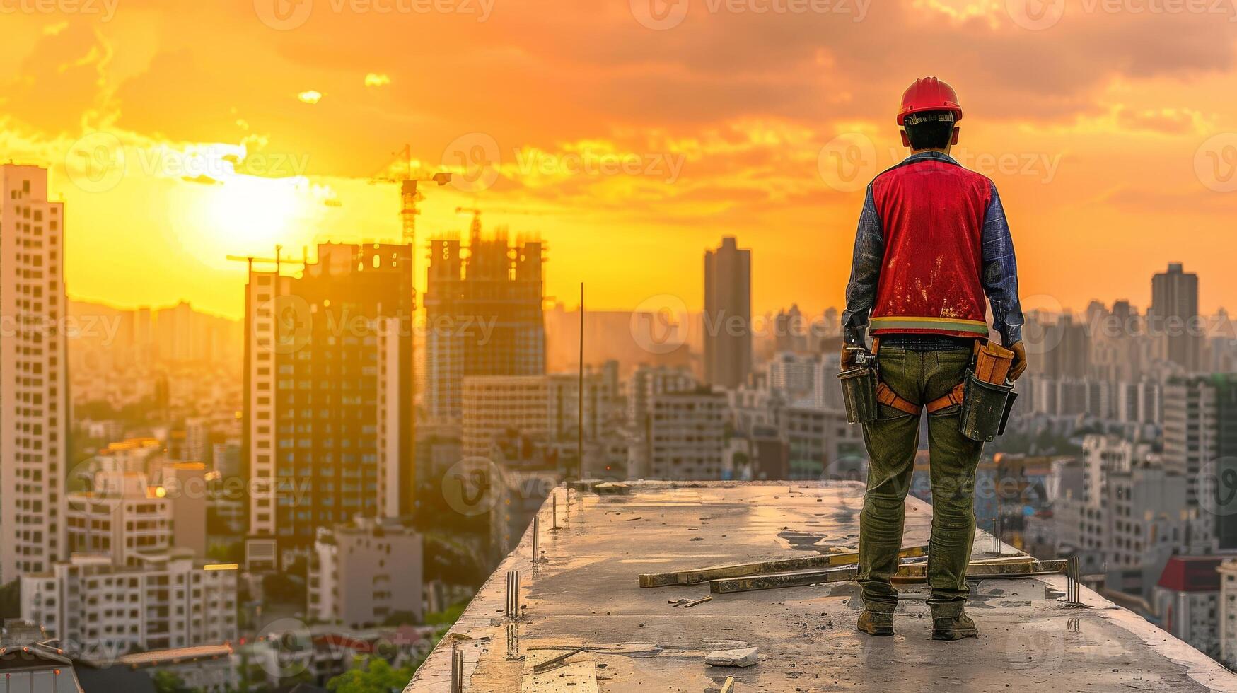 Construction workers and engineers working on high.Heavy industry and Safety at Work concept. photo