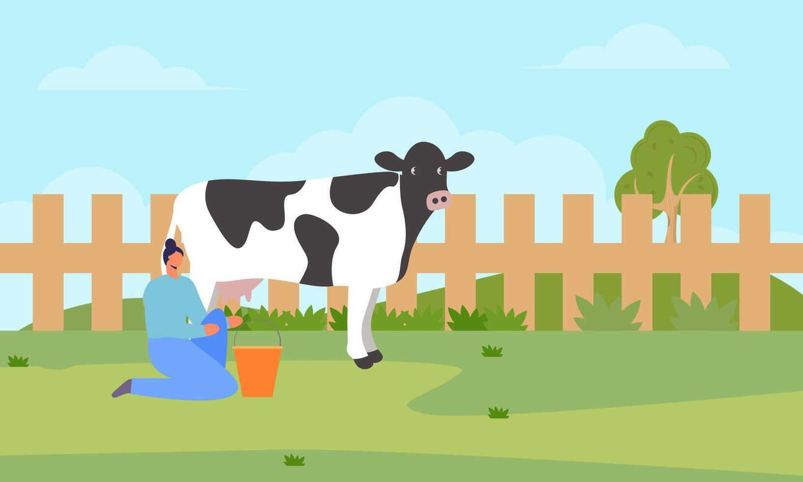 Dairy farmer, country milker. Rural outdoor scene. Countryside worker vector