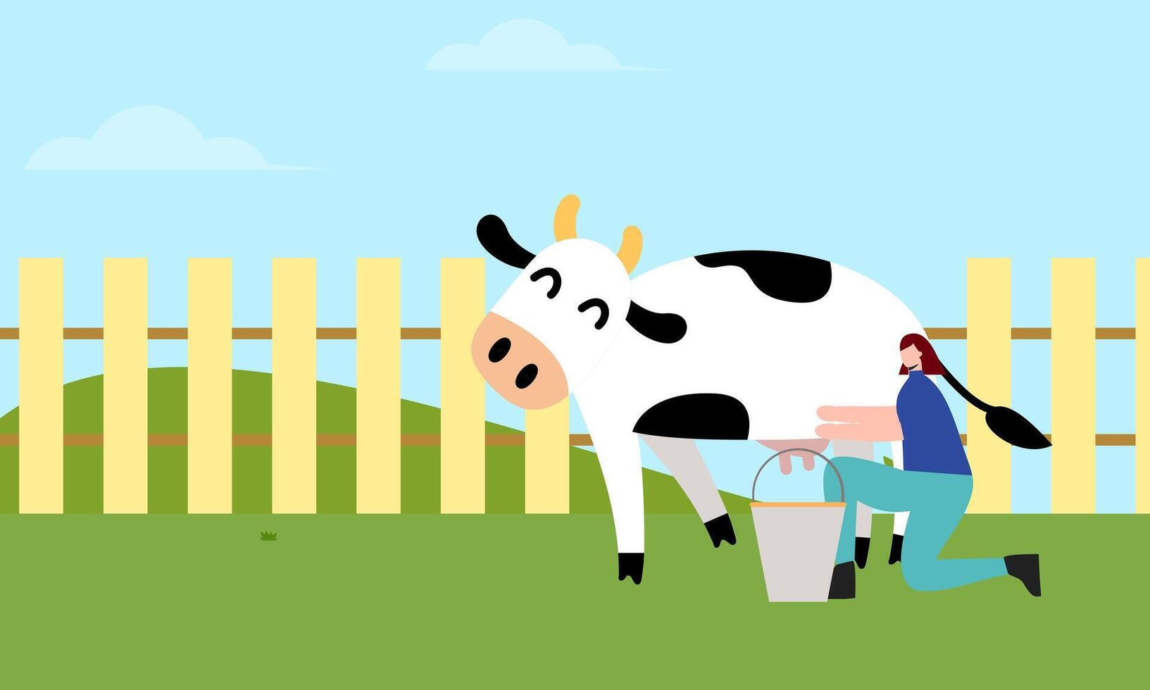 Dairy farmer, country milker. Rural outdoor scene. Countryside worker vector