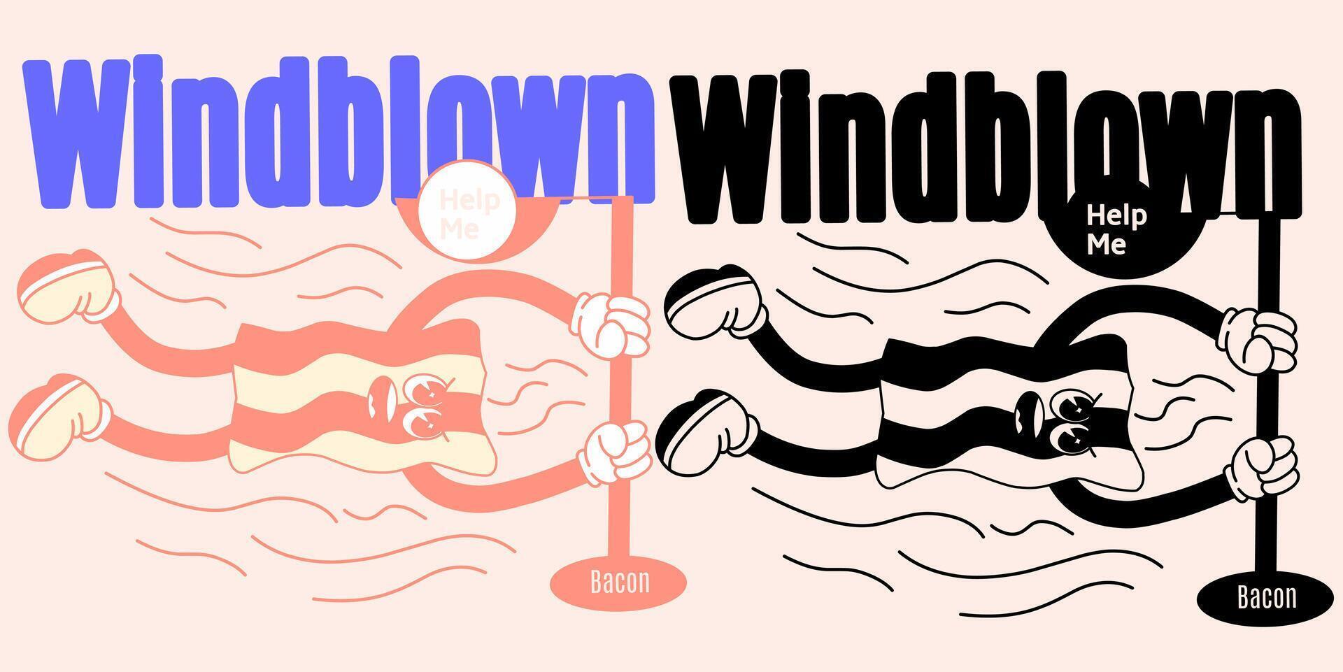 A 60s-style illustration of a bacon mascot who, despite being thin and easily blown away by the wind, refuses to give up and clings tightly to an iron pole to avoid being swept away. vector