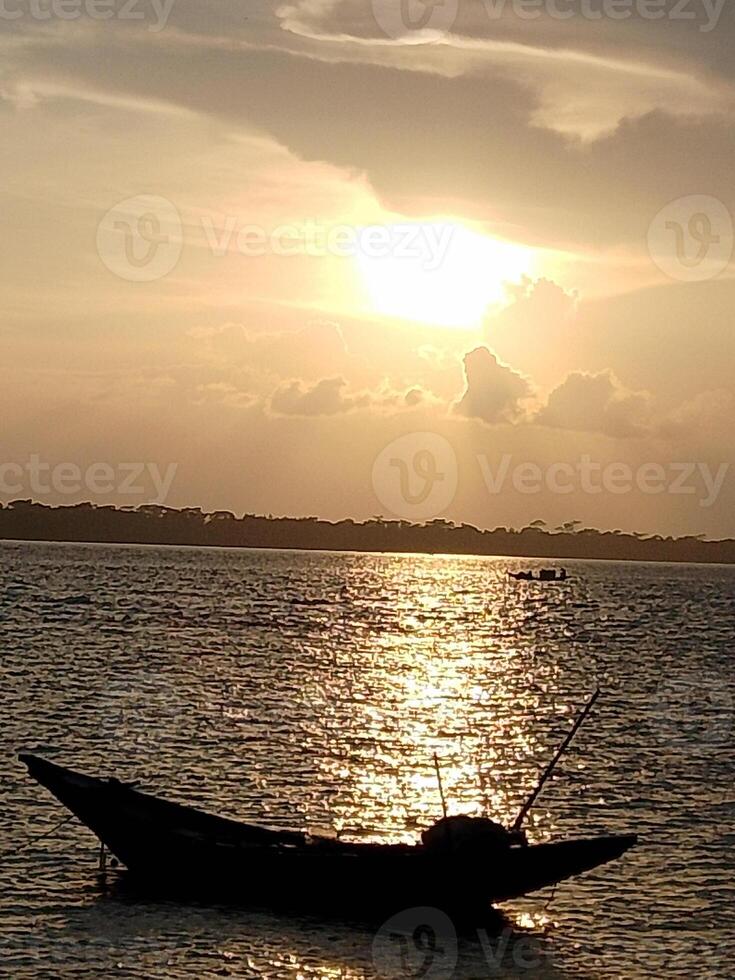 Beautiful river sunset, sunshine, and boat wallpaper photo