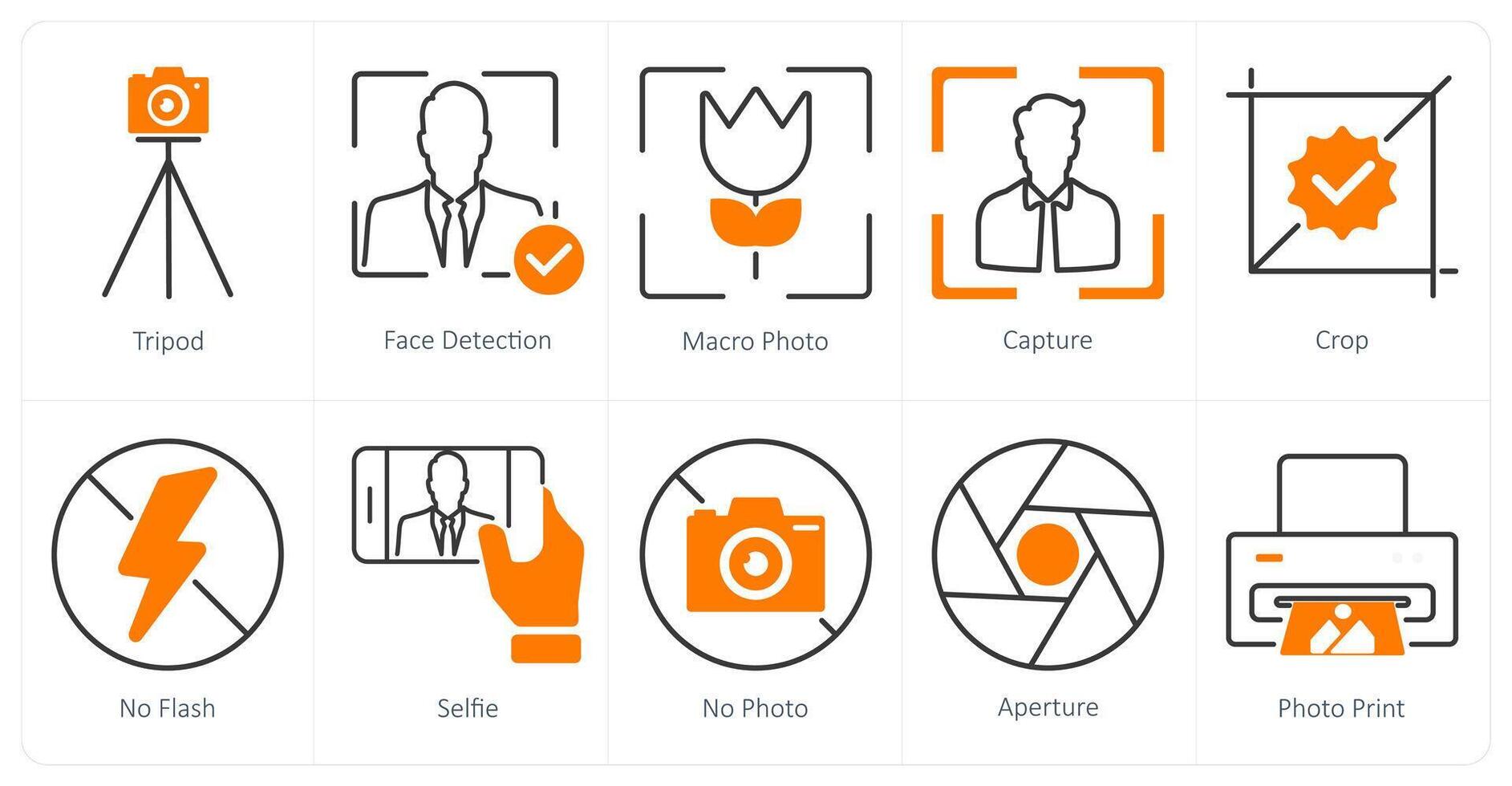 A set of 10 photography icons as tripod, face detection, macro photo vector