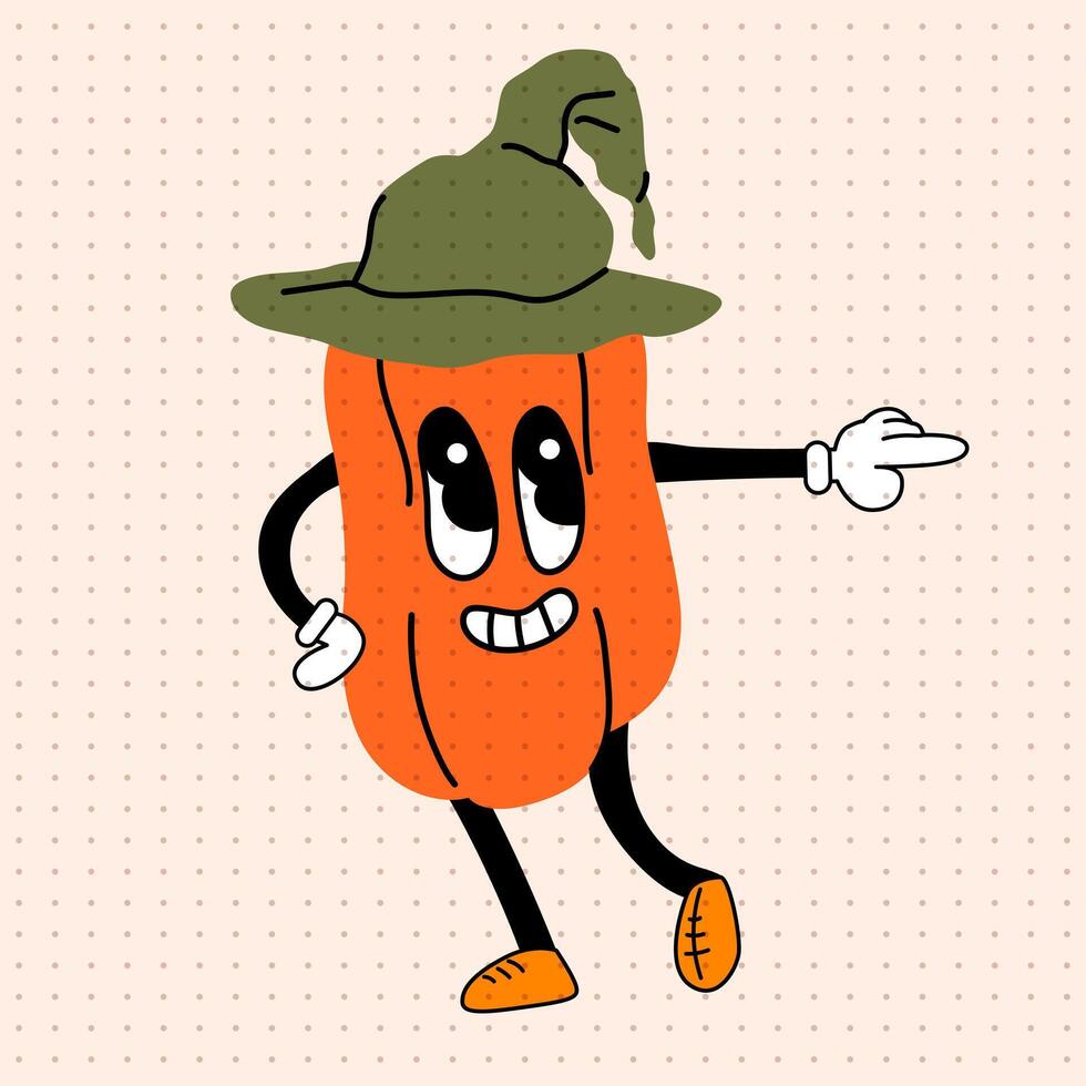 Halloween illustration. Groovy cartoon style pumpkin character in witch's hat. Retro style Jack Olantern. Vintage pumpkin on isolated background. Anthropomorphic pumpkin character with arms and legs vector