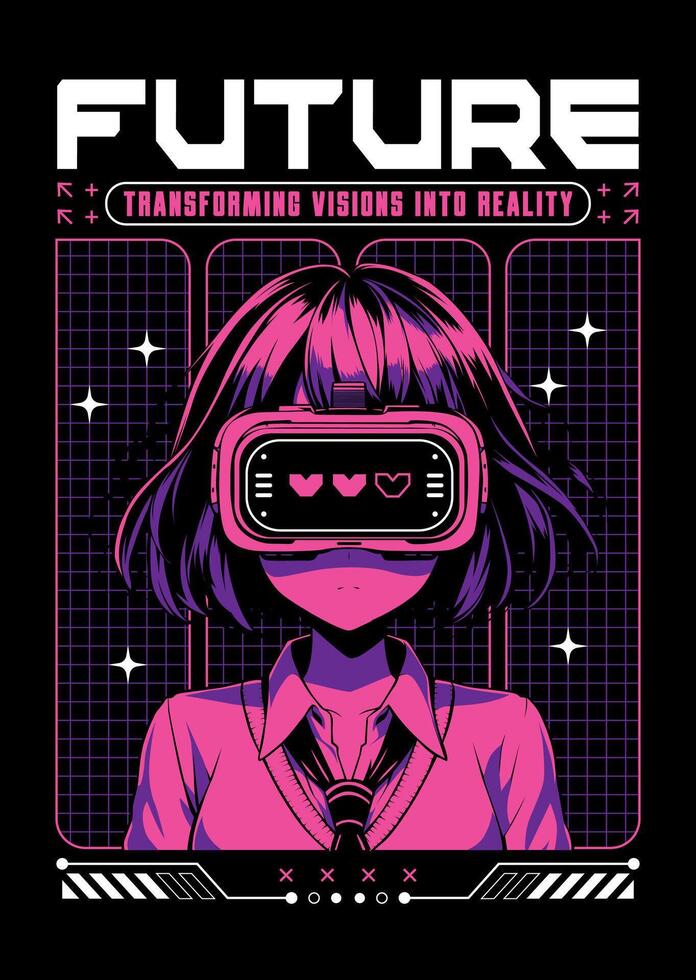 Anime girl poster in manga style. Tokyo Japan anime girl with concept of virtual reality,retro,futurism,futuristic,cyberpunk. Japanese y2k illustration. Kanji translation is Kawaii or Cute vector