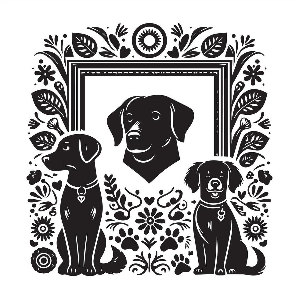 A collage of dog a plant in an illustrated frame risograph silhouette white background vector