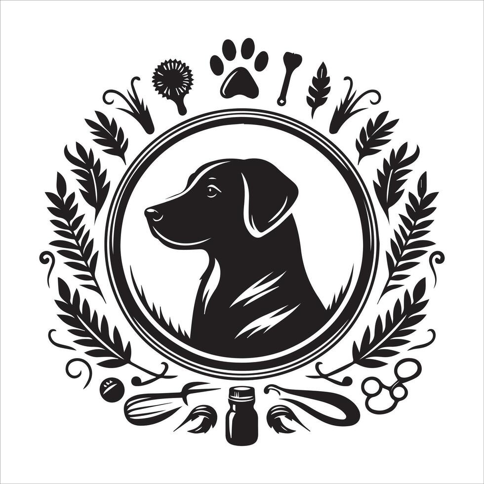 A collage of dog a plant in an illustrated frame risograph silhouette white background vector
