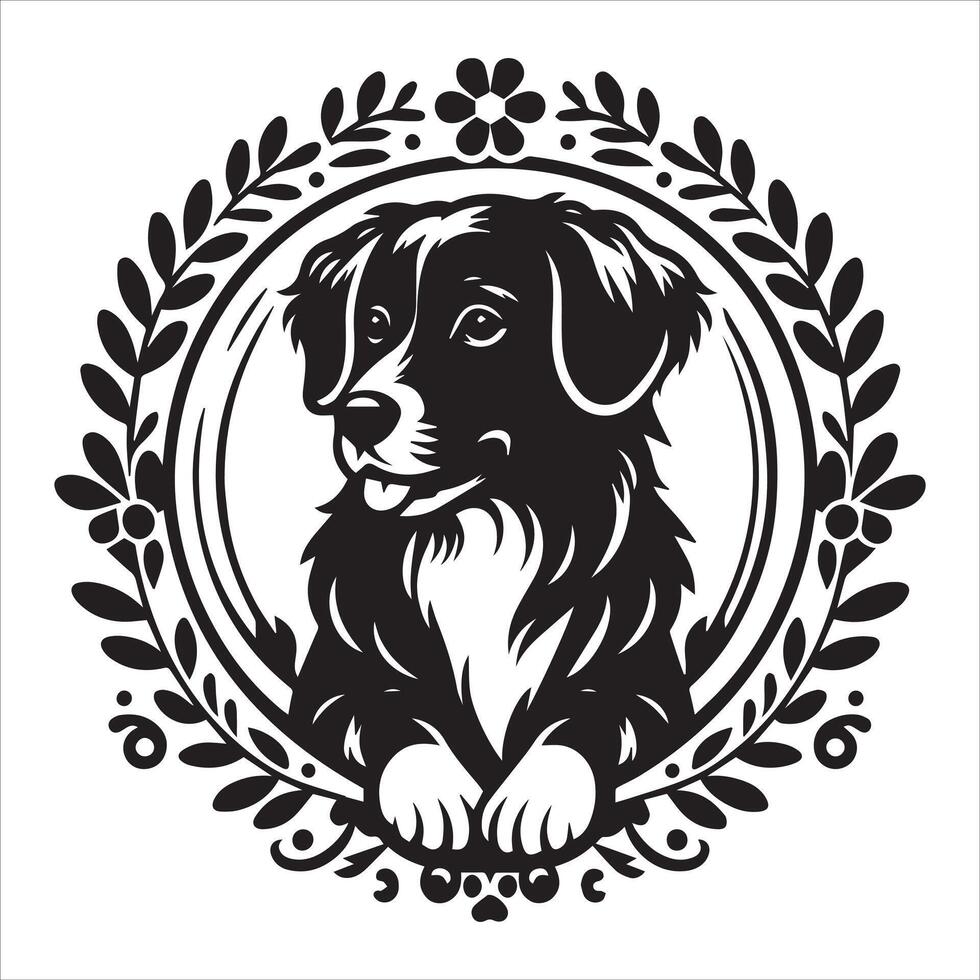 A collage of dog a plant in an illustrated frame risograph silhouette white background vector