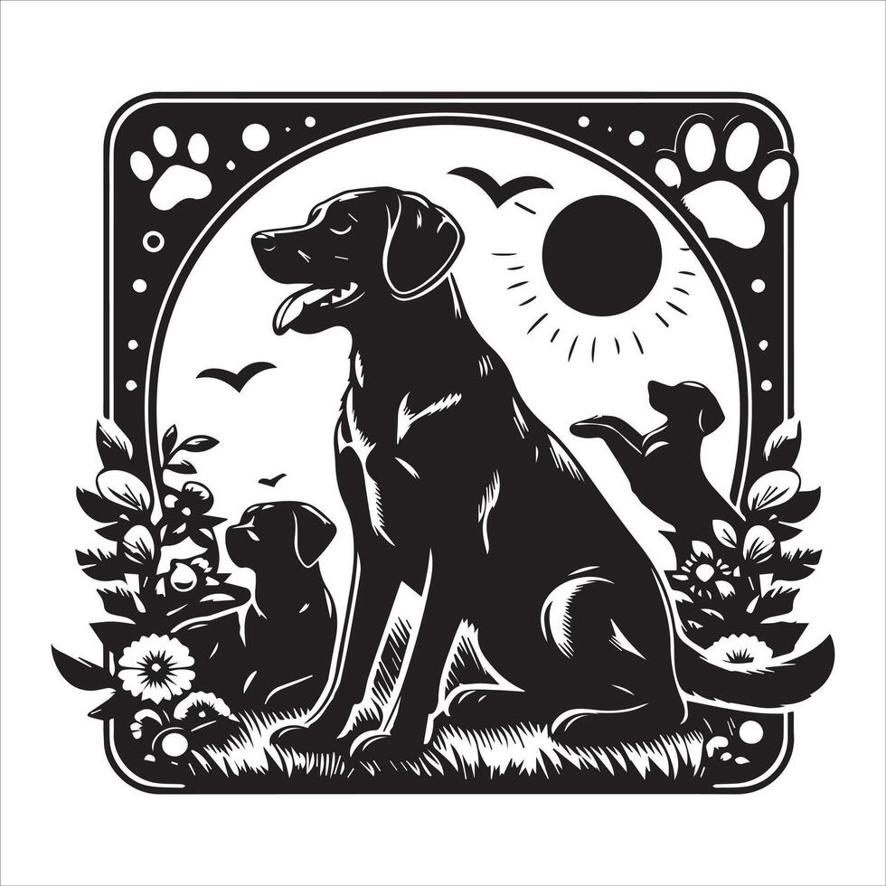 A collage of dog a plant in an illustrated frame risograph silhouette white background vector