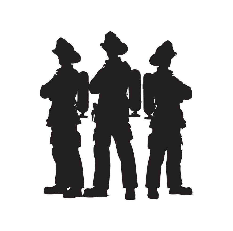 Firefighters group pose silhouette on isolated white background vector