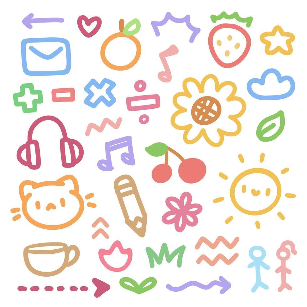 Cute doodle hand drawn kids set.Kawaii Doodle Collection with Fun Icons and Elements.Colorful Cartoon Doodles. Happy and Playful Designs.Cute Hand Drawn Illustrations With Music, Nature, and More. vector