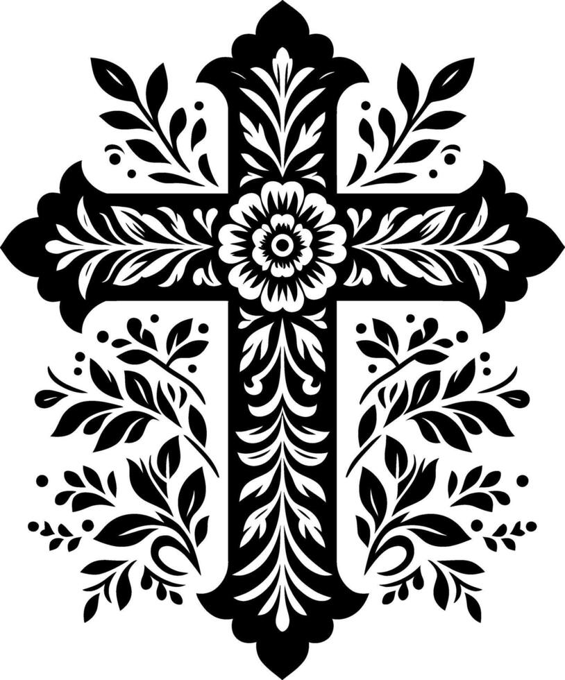 Cross decorative Floral design Silhouette Motif Pattern, Holy cross with Flower design elements sihloette pattern black and white vector