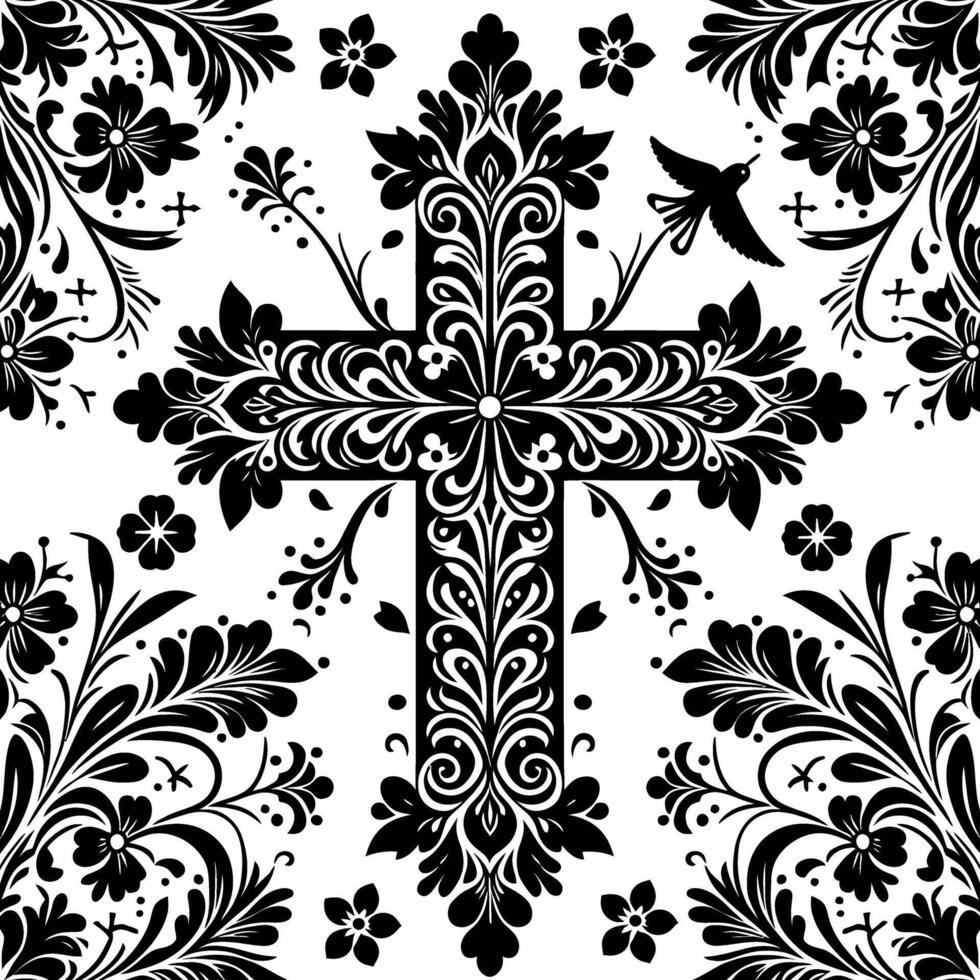 Cross decorative Floral design Silhouette Motif Pattern, Holy cross with Flower design elements sihloette pattern black and white vector