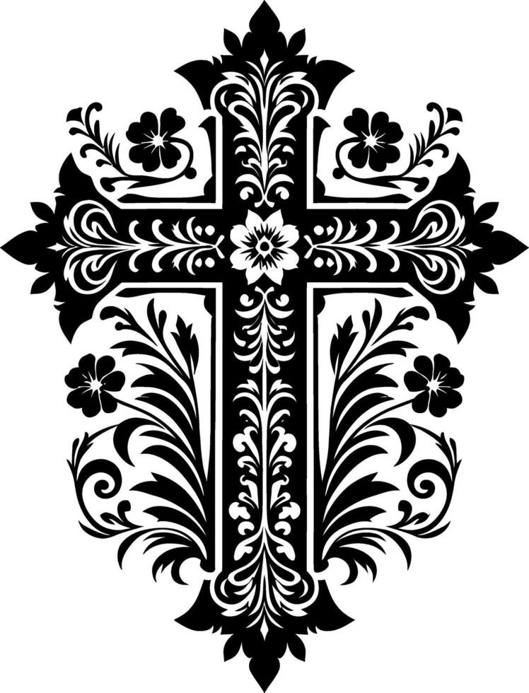 Cross decorative Floral design Silhouette Motif Pattern, Holy cross with Flower design elements sihloette pattern black and white vector