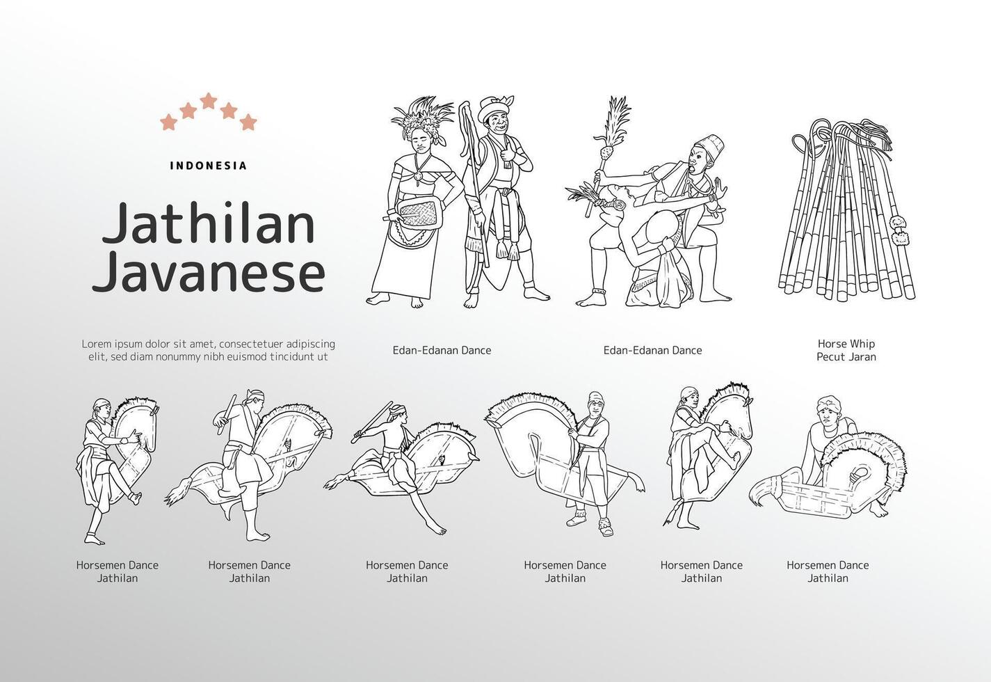 Isolated Javanese culture jathilan dance outline illustration vector