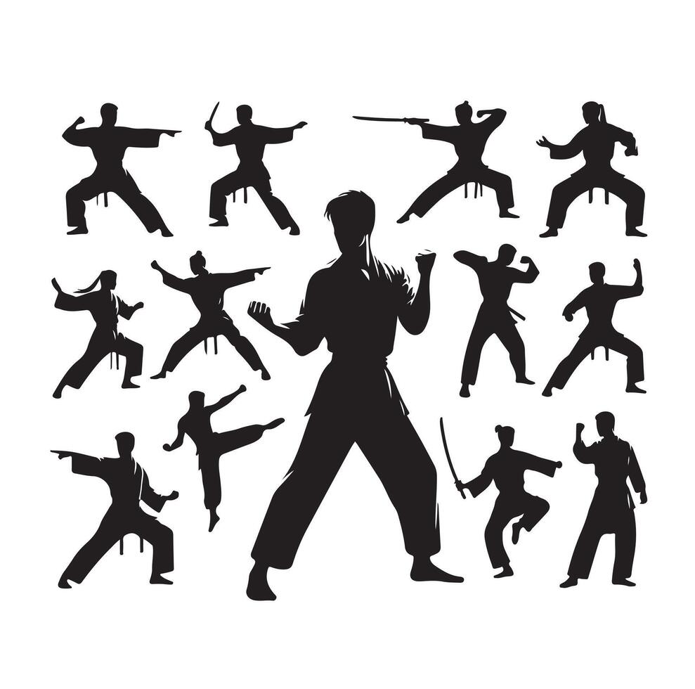 Silhouette of people isolated on white background. Wushu, kung fu, Taekwondo, Aikido. Sports positions. Design elements and icons. illustration. Set vector