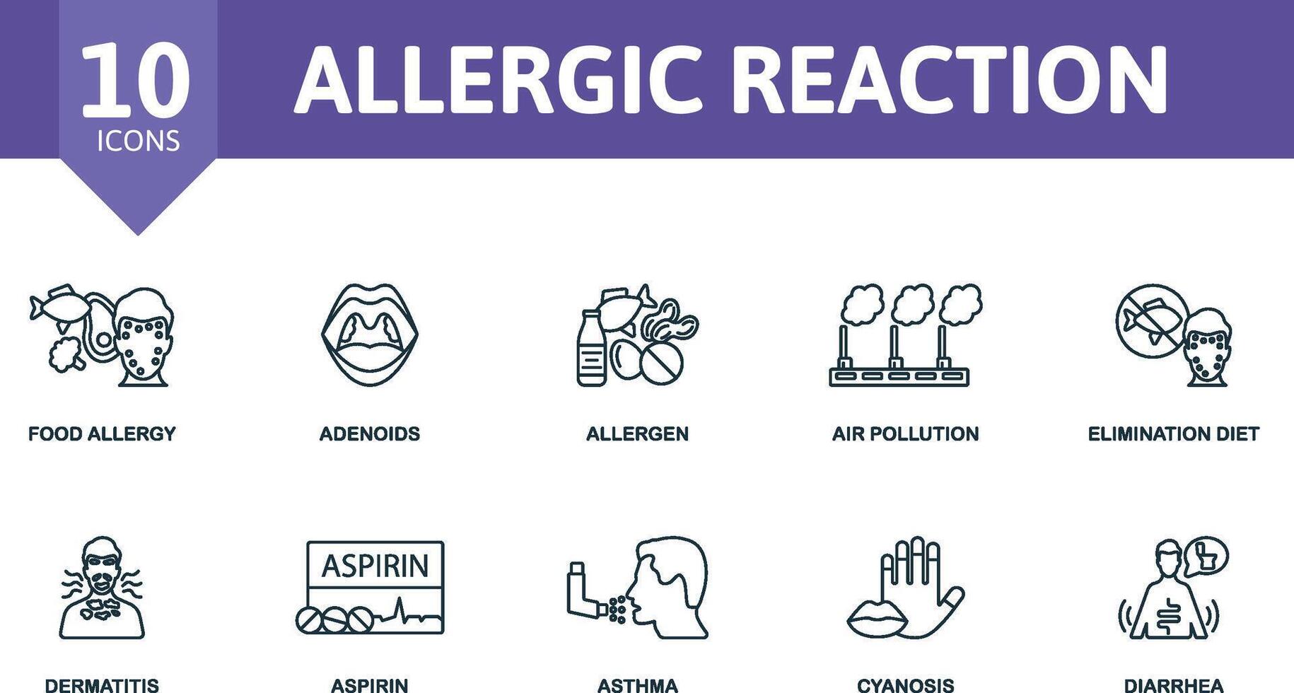 Allergic Reaction icon set. Monochrome simple Allergic Reaction icon collection. Food Allergy, Adenoids, Allergen, Air Pollution, Elimination Diet, Dermatitis, Aspirin, Asthma, Cyanosis, Diarrhea icon vector