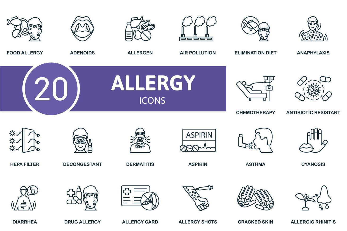 Allergy icon set. Monochrome simple Allergy icon collection. Food Allergy, Adenoids, Allergen, Air Pollution, Elimination Diet, Drug Allergy, Allergy Card, Allergy Shots, Cracked Skin, Allergic vector