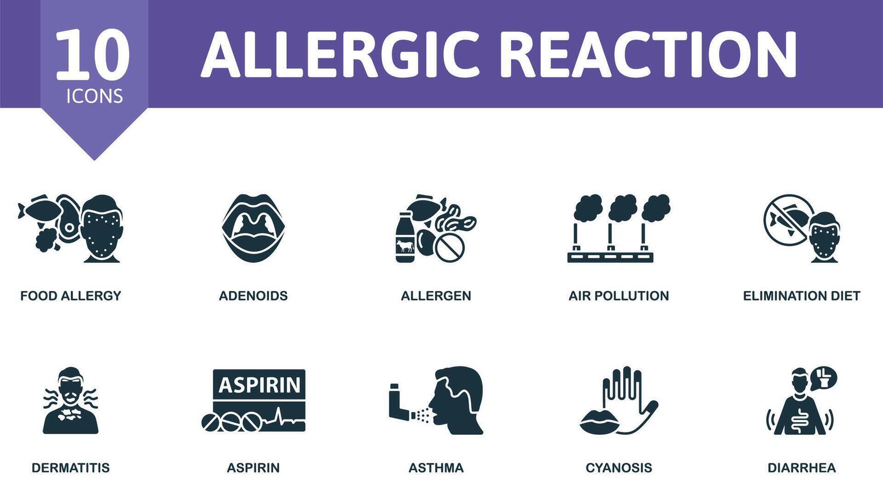 Allergic Reaction icon set. Monochrome simple Allergic Reaction icon collection. Food Allergy, Adenoids, Allergen, Air Pollution, Elimination Diet, Dermatitis, Aspirin, Asthma, Cyanosis, Diarrhea icon vector