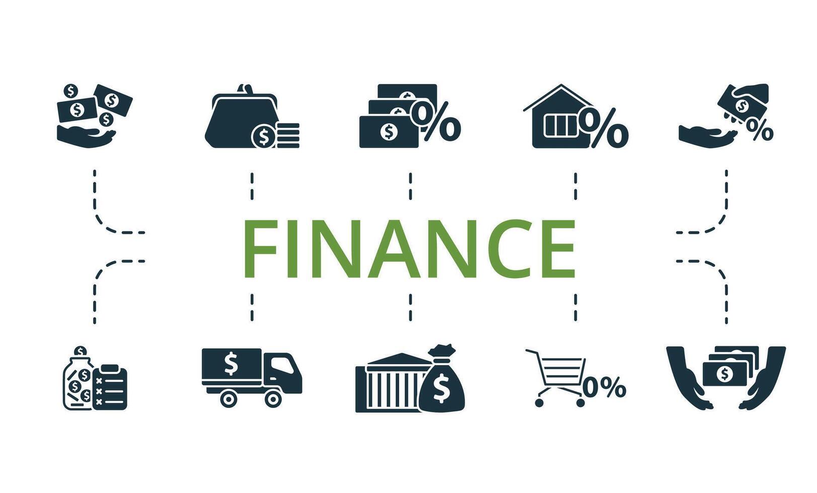 Finance icon set. Monochrome simple Finance icon collection. Income, Purse, Loan, Mortgage, Crediting, Saving Plan, Encashment, Deposit, Installments, Own Funds icon vector