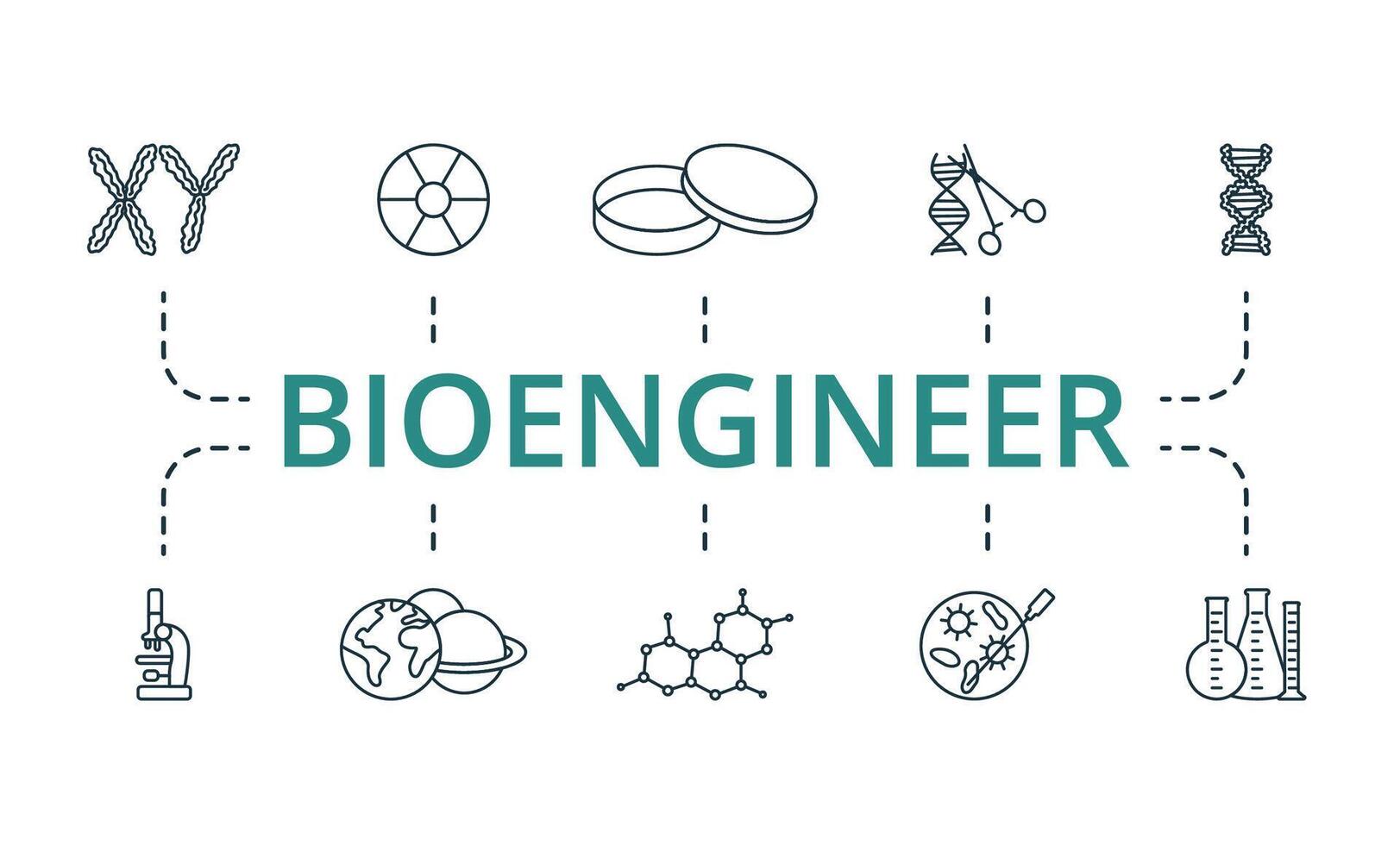 Bioengineer icon set. Monochrome simple Bioengineer icon collection. Chromosome, Nuclear, Petri Cup, Genetic Engineering, Dna, Microscope, Planetology, Molecular Structure, Bacteriology, Chemical vector