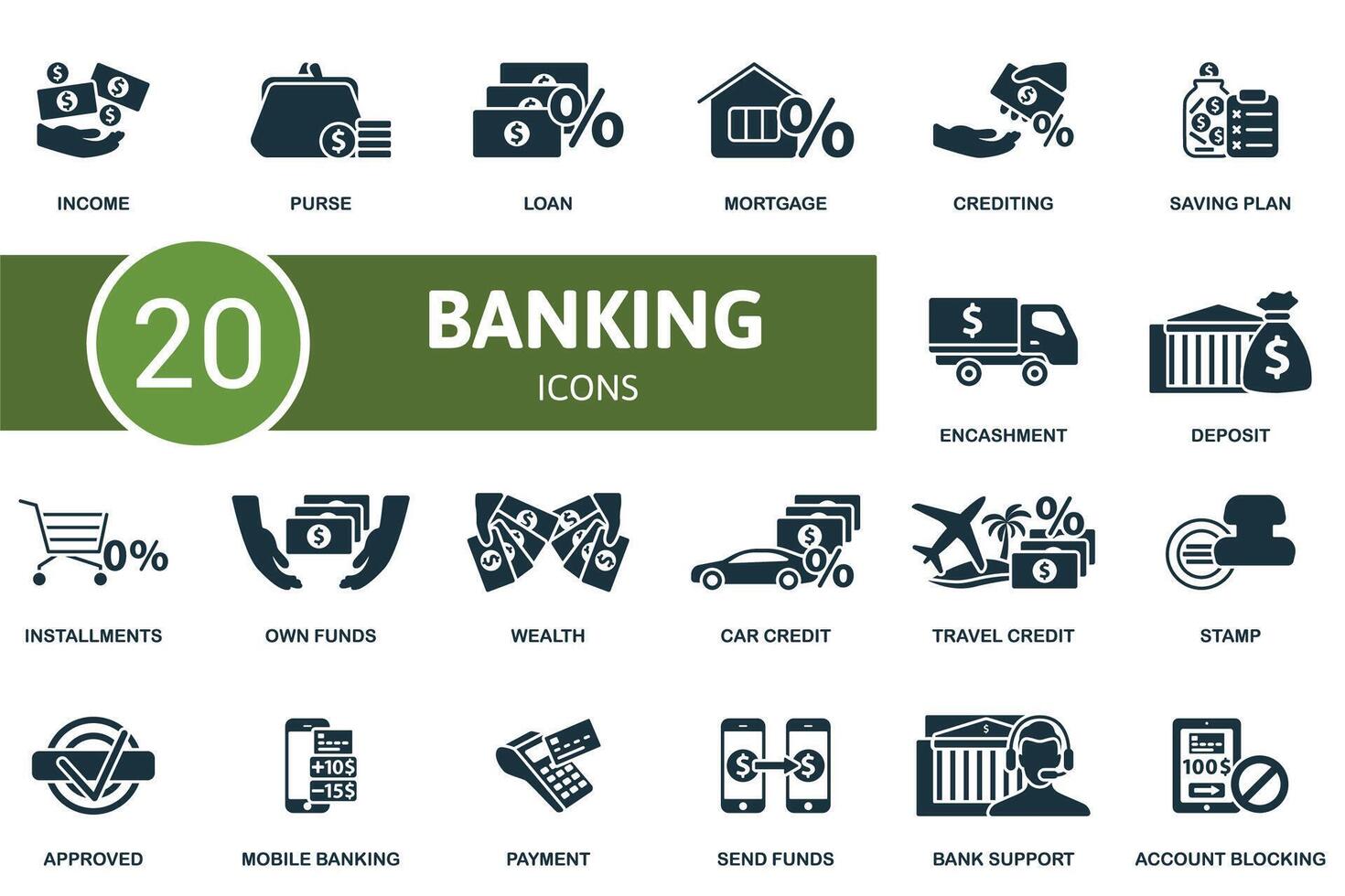 Banking icon set. Monochrome simple Banking icon collection. Income, Purse, Loan, Mortgage, Crediting, Mobile Banking, Payment, Send Funds, Bank Support, Account Blocking icon vector